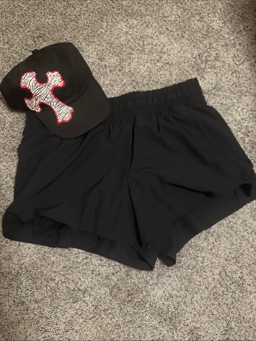 Avia Black Athletic Elastic-Waist Shorts w/Zebra Printed Cross ball cap included